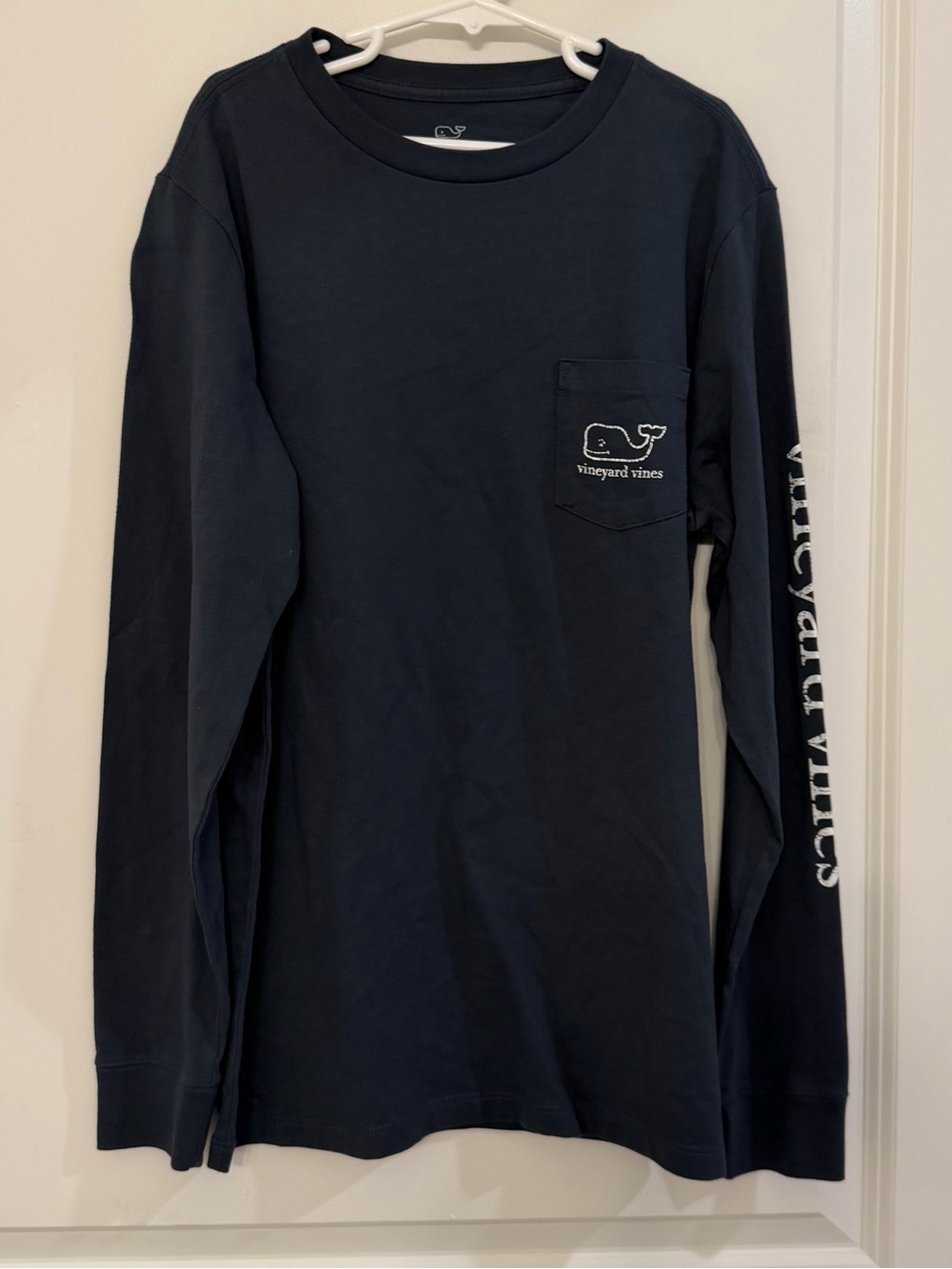 Vineyard Vines Navy Long Sleeve Pocket Tee with White Whale and Sleeve Script
